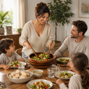 A hand washing a large wooden salad bowl with lukewarm water and a soft sponge in a clean sink.
