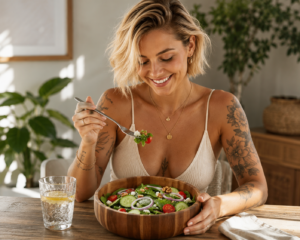 A sunny light meal and relaxation, beautifully served in a deep acacia wood fruit bowl.
