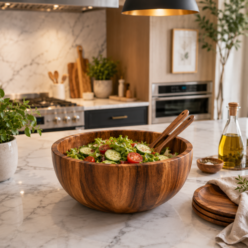 Acacia wood salad bowl decorating a modern kitchen island