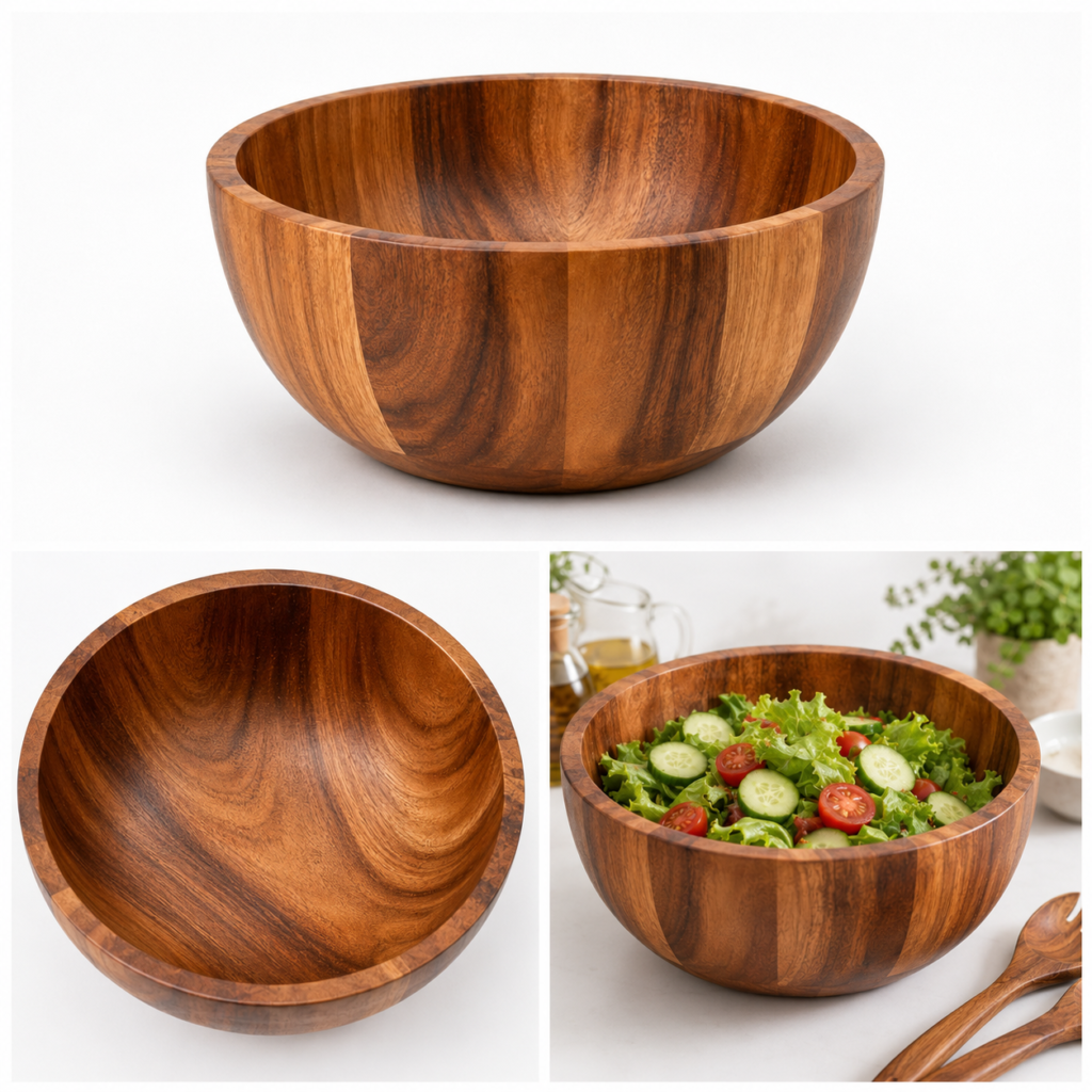 Close-up showing the natural grain inside an acacia salad bowl.