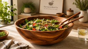 Extra large handcrafted wooden salad bowl filled with fresh greens on a modern kitchen counter