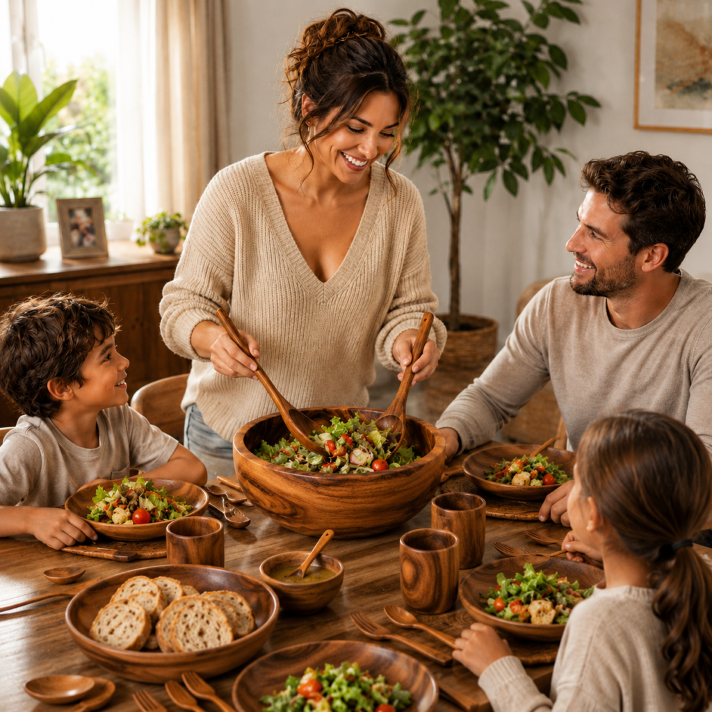 Family gathering around a wooden dining table enjoying a fresh green salad served from a large handcrafted wood salad bowl with matching serving spoons