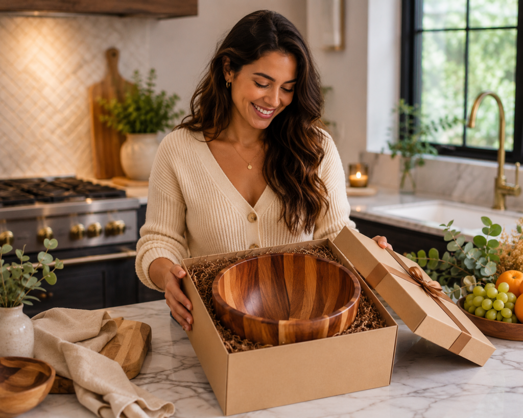 Handcrafted Wood Salad Bowl unboxing in a modern kitchen, ideal for an anniversary gift