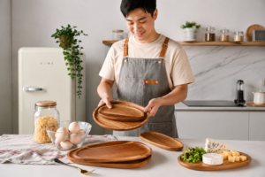 Handcrafted solid wood dinner plates showing unique wavy patterns and natural asymmetric edges.