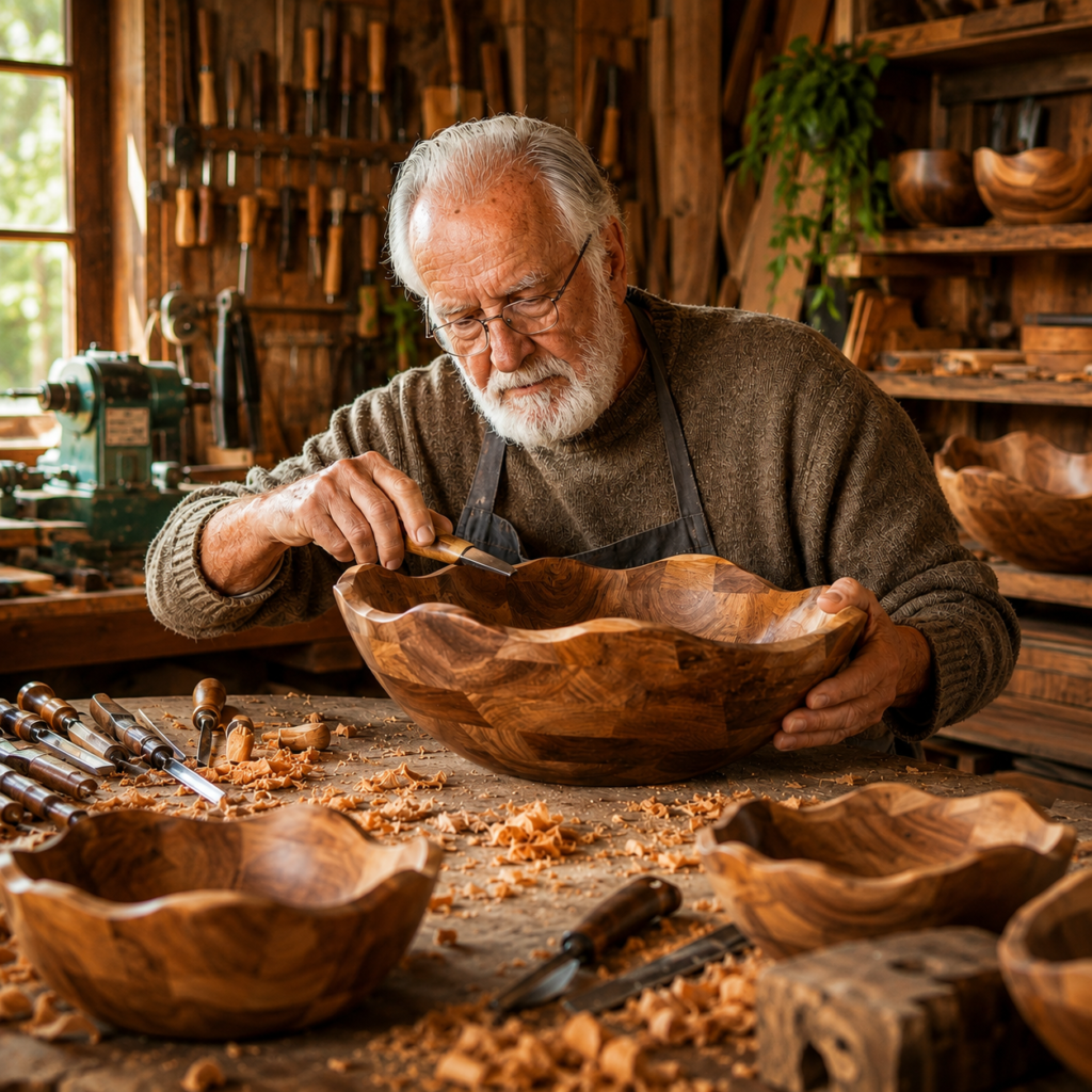 Handmade Wood Salad Bowl crafted by an experienced artisan in a traditional woodworking workshop