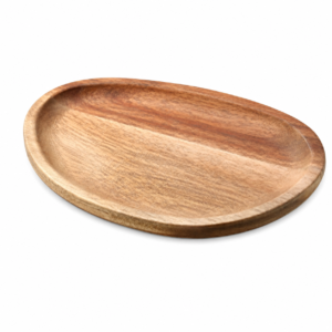 Irregular oval acacia wood tray bowl arranged with fresh sushi rolls on a modern kitchen counter.