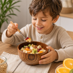 Minimalist child breakfast table setting featuring an individual wooden bowl filled with oatmeal and berries.