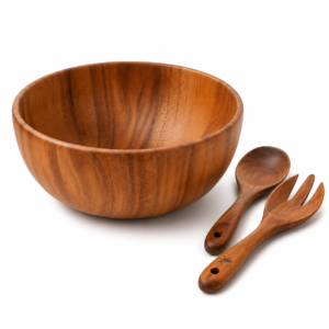 Premium acacia wood salad bowl set with servers displaying natural grain patterns next to cotton napkins.