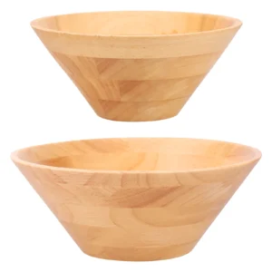 2-piece wooden soup and salad bowl set filled with fresh green garden salad on a rustic dining table